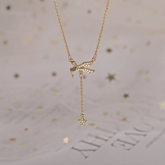 #NEW 925 Sterling Silver Diamond Angel Star Drop Necklace - Picture 2 of 4